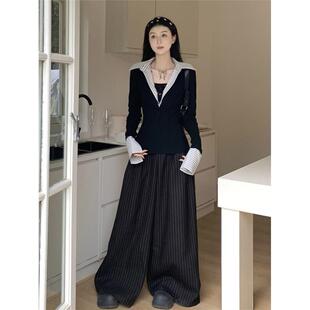 T恤上衣休闲阔腿裤 条纹拼接假两件显瘦长袖 两件套女 胖mm秋季 大码