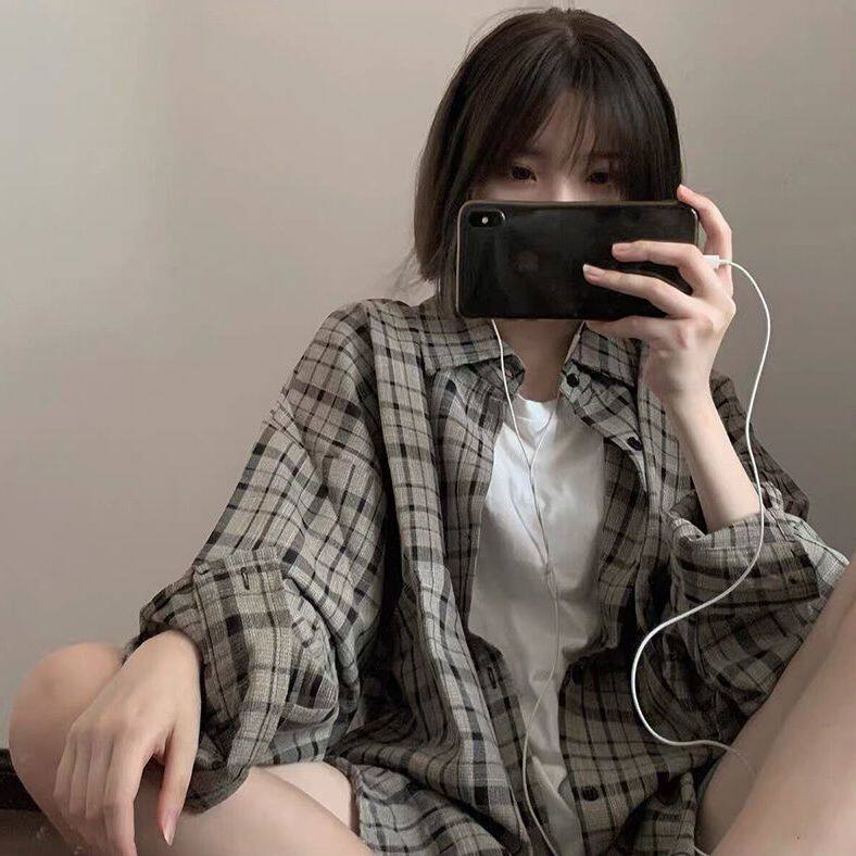 ins原宿风休闲格子衬衫复古风慵懒韩版港风宽松百搭男女同款外套