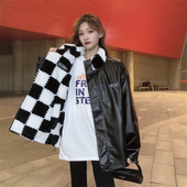秋冬ins美式 设计感小个子棉服加厚PU皮衣双面穿毛绒立领外套女潮