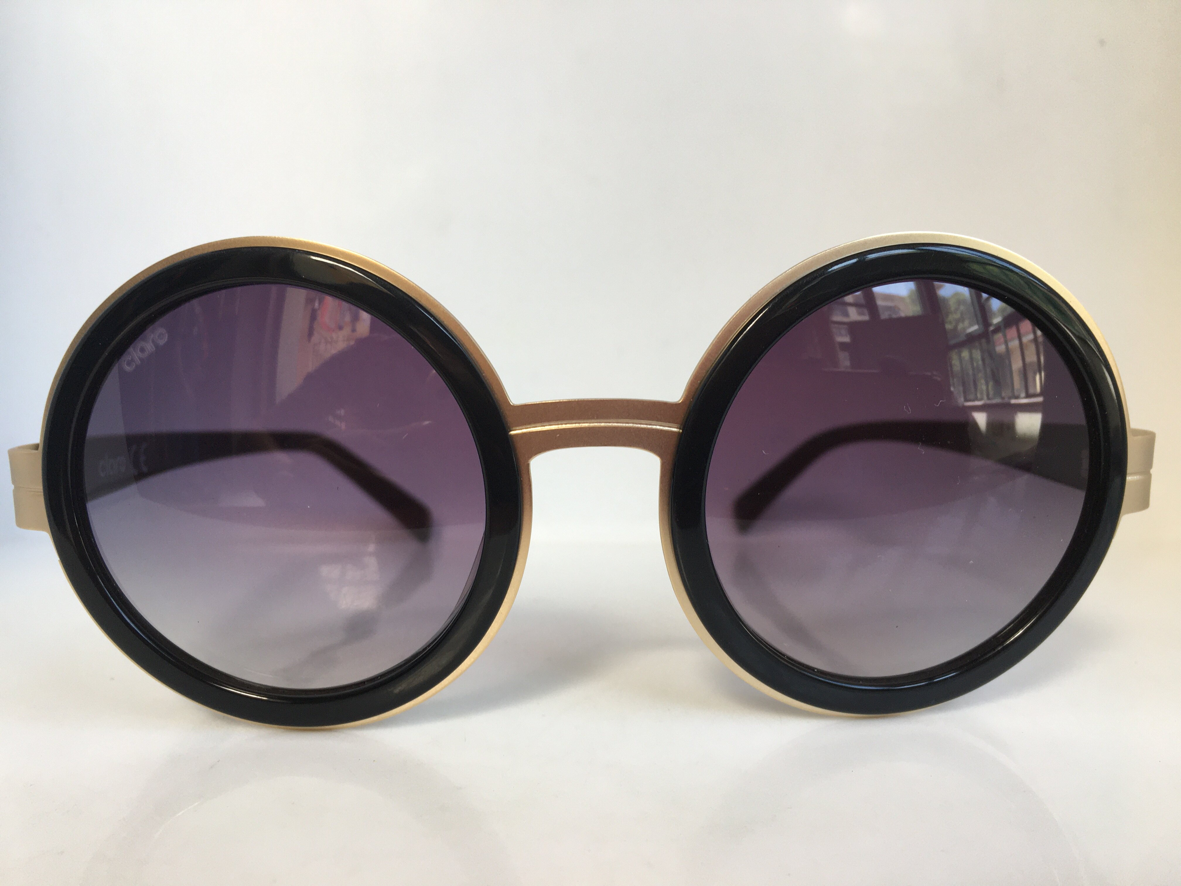 Clare PUMP淡金色圆框太阳镜黑色树脂内包边复古墨镜男女通用