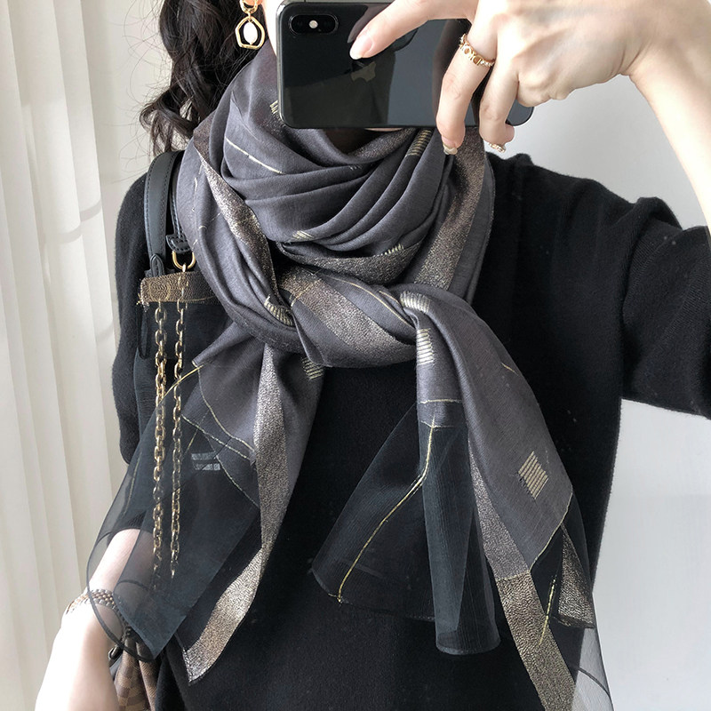 围巾女秋季百搭真丝金线格子纯色丝巾桑蚕丝薄洋气配旗袍披肩春秋