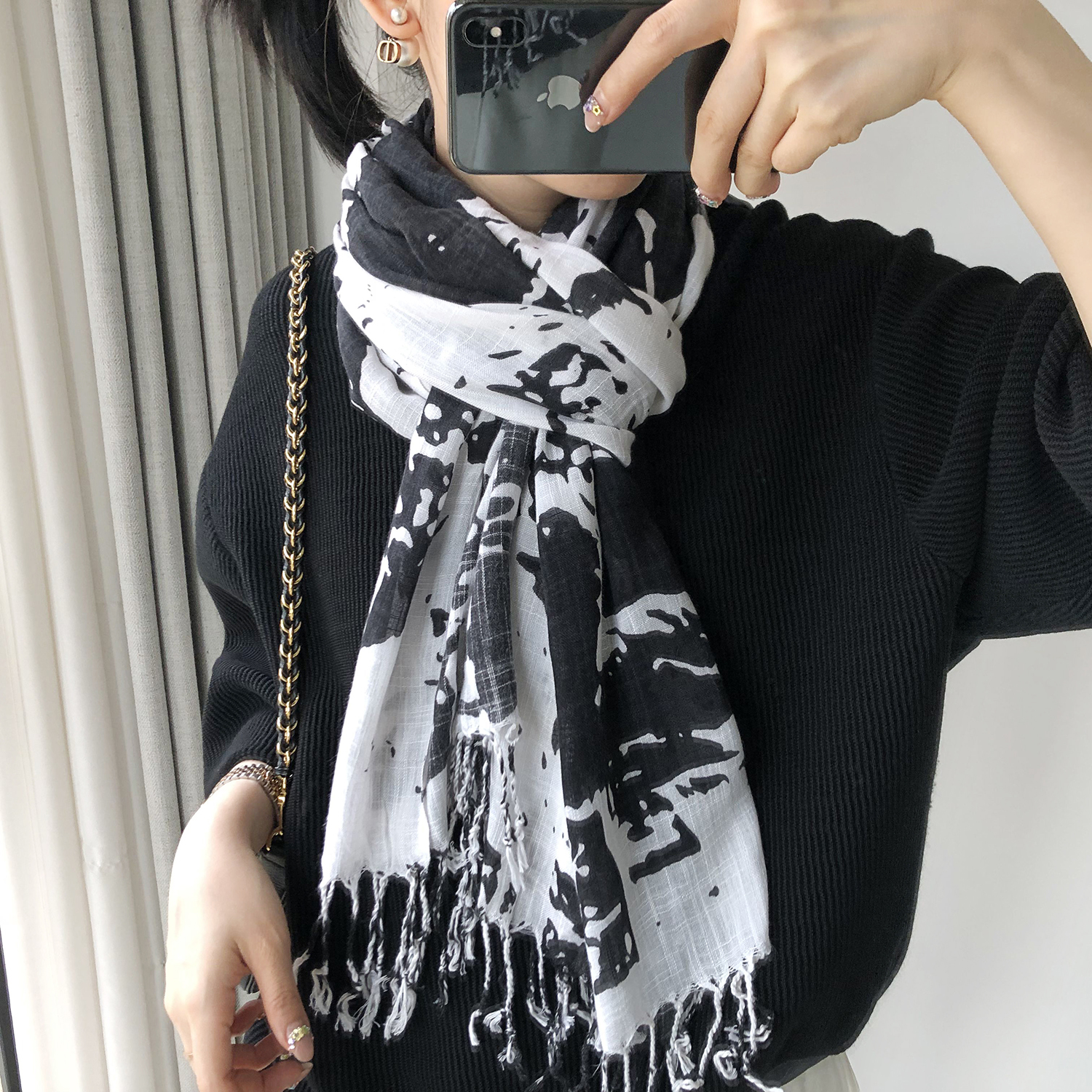 2025新款手感棉麻围巾女水墨风印花竹节棉流苏气质丝巾长披肩秋冬