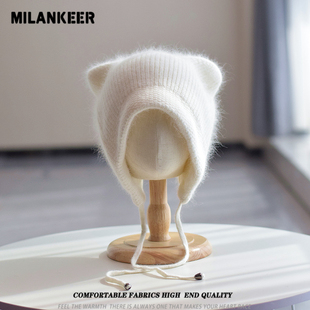 韩版兔毛针织帽女冬季保暖甜美可爱猫耳朵套头护耳包头帽2025新款