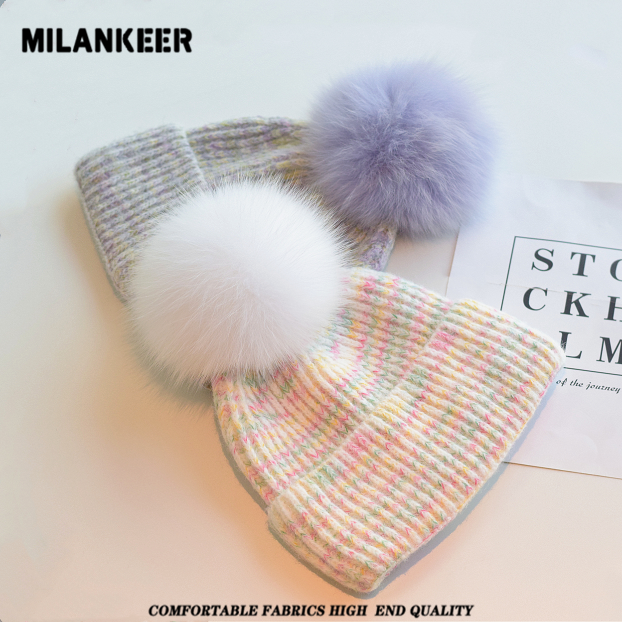 彩虹条纹针织帽秋冬保暖