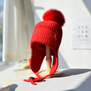 冰岛安哥拉兔毛针织帽子女冬季双层包脸保暖时尚雷锋帽狐狸毛球帽