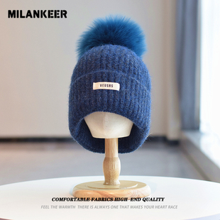 韩版贴标针织狐狸毛球帽女冬季保暖护耳包头帽百搭宽松显脸小帽子