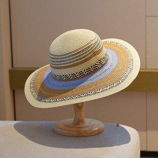 设计师拼接夏天大檐帽女欧美复古百搭遮阳帽出游度假防晒太阳帽潮