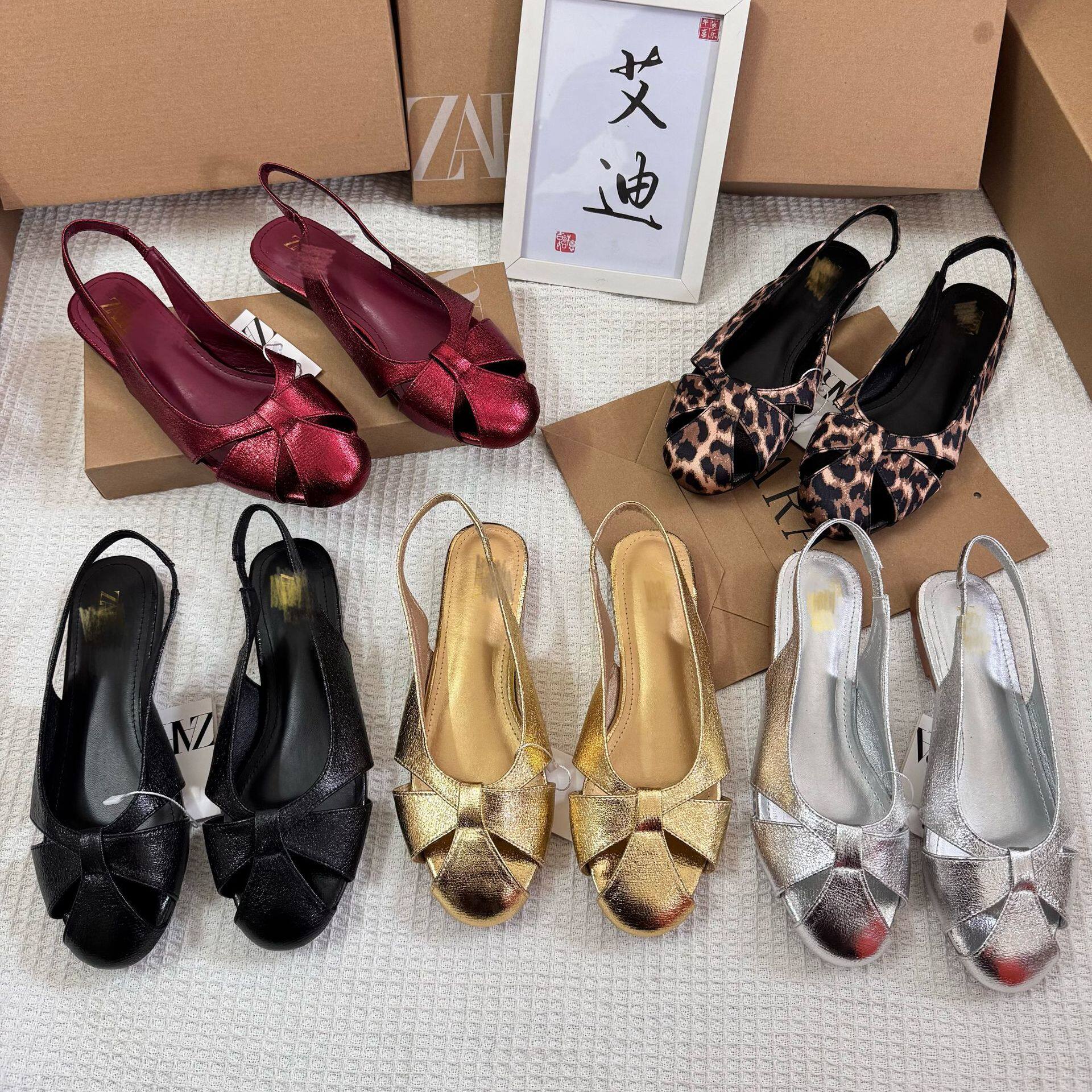 ZA家外贸新款包头凉鞋女外穿软皮平底鞋女后绊带方头金色银色百搭