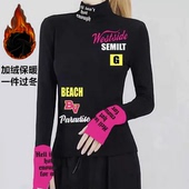 T恤保暖半高领内搭上衣 洋气字母印花长袖 加绒加厚打底衫 女秋冬季