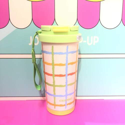 彩色格纹保温杯520ML吸管手拎绳316不锈钢+陶瓷覆层便携咖啡杯