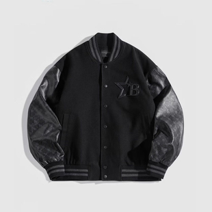 （鸟）秋冬男士潮流老花棒球服夹克保暖夹棉加厚PU袖外套C4226/G6