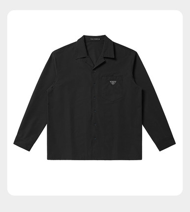 春季男士黑色古巴领长袖衬衫潮流时尚金属缝标青年衬衣P4D32/A21