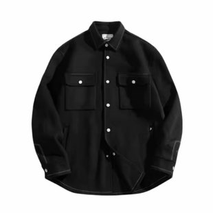 (鸟)秋冬男士黑色休闲羊毛呢衬衫外穿式衬衣外套保暖C4244/K10