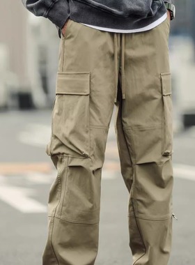 2025春季男士简约休闲裤大口袋工装裤时尚宽松松紧腰直筒长裤1696