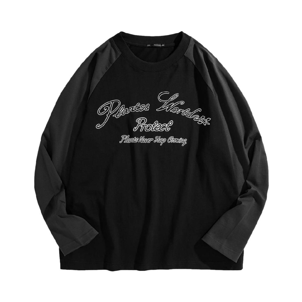 长袖T恤时尚字母印花拼色美式