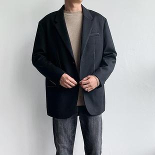 黑色休闲羊毛羊绒西服宽松外套明线西装 秋冬男士 潮94A02i13 鸟