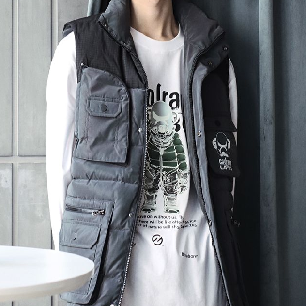 G家冬季男士联名拼色宽松立领羽绒马甲背心保暖工装外套9636J/GX6