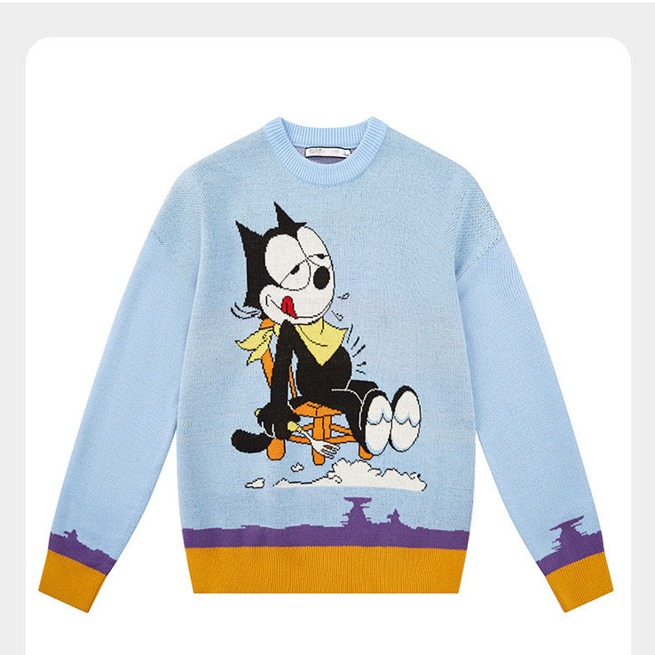菲力猫联名~2024秋冬季男士圆领套头卡通图案毛衣情侣宽松毛衫H22