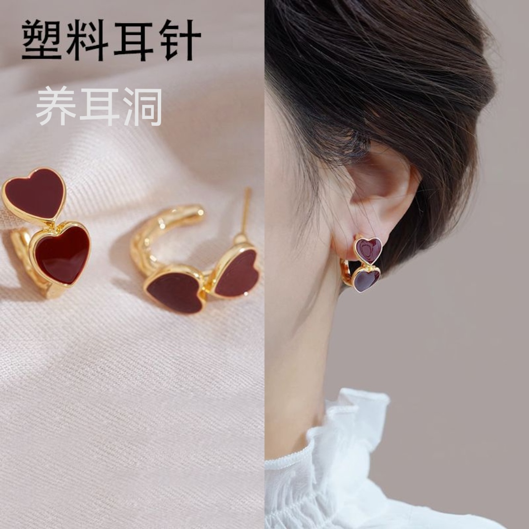 塑料针养耳洞复古酒红色爱心耳环高级感港风耳钉纯银新款爆款耳饰
