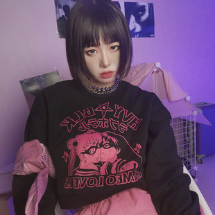 原宿辣妹短款 套头印花甜美上衣 卫衣日系JK少女黑甜长袖