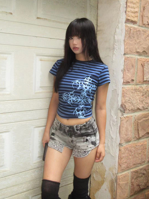 断片小说 原创亚文化刺青条纹T恤y2k辣妹短款修身半袖上衣女