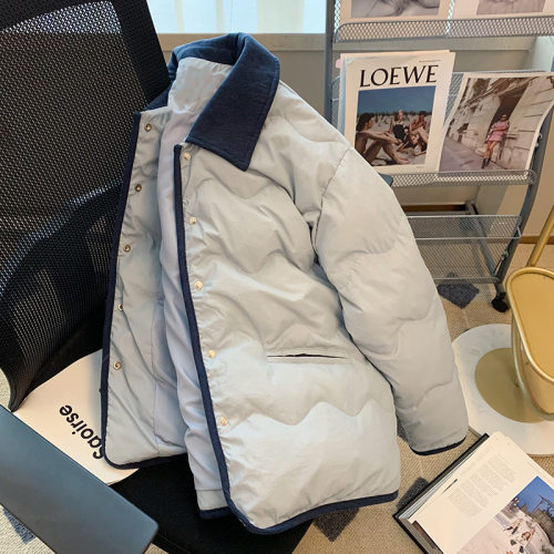 蓝色灯芯绒拼接翻领棉衣棉服女2025秋冬慵懒风温柔韩系夹棉外套厚