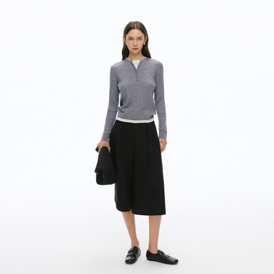 绞花假两件长袖针织衫