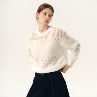 女长袖 奶白色圆领羊毛羊绒镂空针织衫 套头衣 25秋冬新品 NANCYLILI