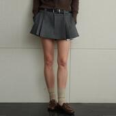 NANCYLILI羊毛百褶裙半身裙女秋冬复古低腰深灰色设计感短裙半裙