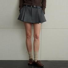 NANCYLILI 全羊毛百褶半身裙女秋夏复古低腰深灰色设计感a字短裙