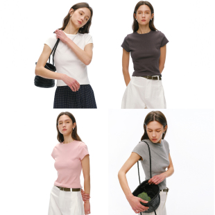 女 小飞袖 NANCYLILI26春夏新品 真丝棉铜氨罗纹圆领T恤超弹显瘦美式