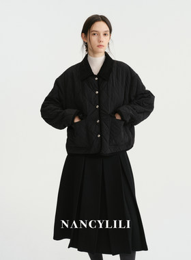 秋冬黑色菱格羊毛保暖开衫棉服女