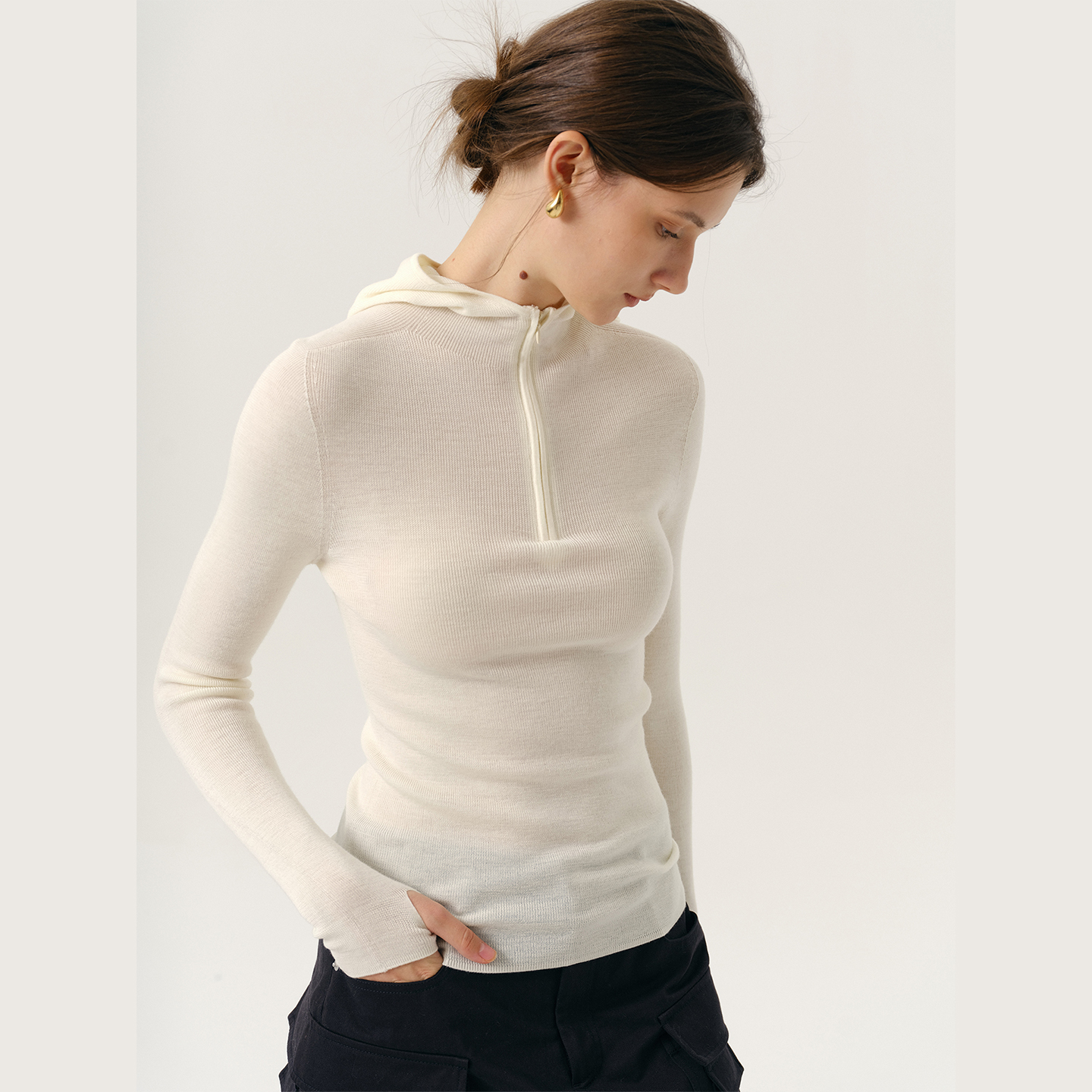 NANCYLILI 连帽修身针织上衣女秋季内搭长袖新款显瘦T恤