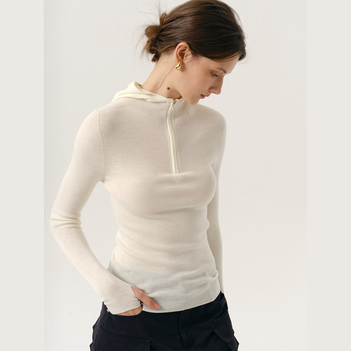 NANCYLILI 连帽修身针织上衣女秋季内搭长袖新款显瘦T恤