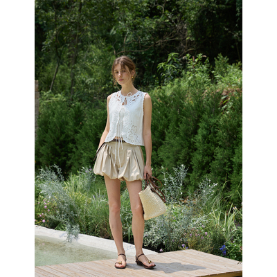 NANCYLILI 度假风显瘦气球短裤女夏季纯棉中低腰褶皱新款休闲裤