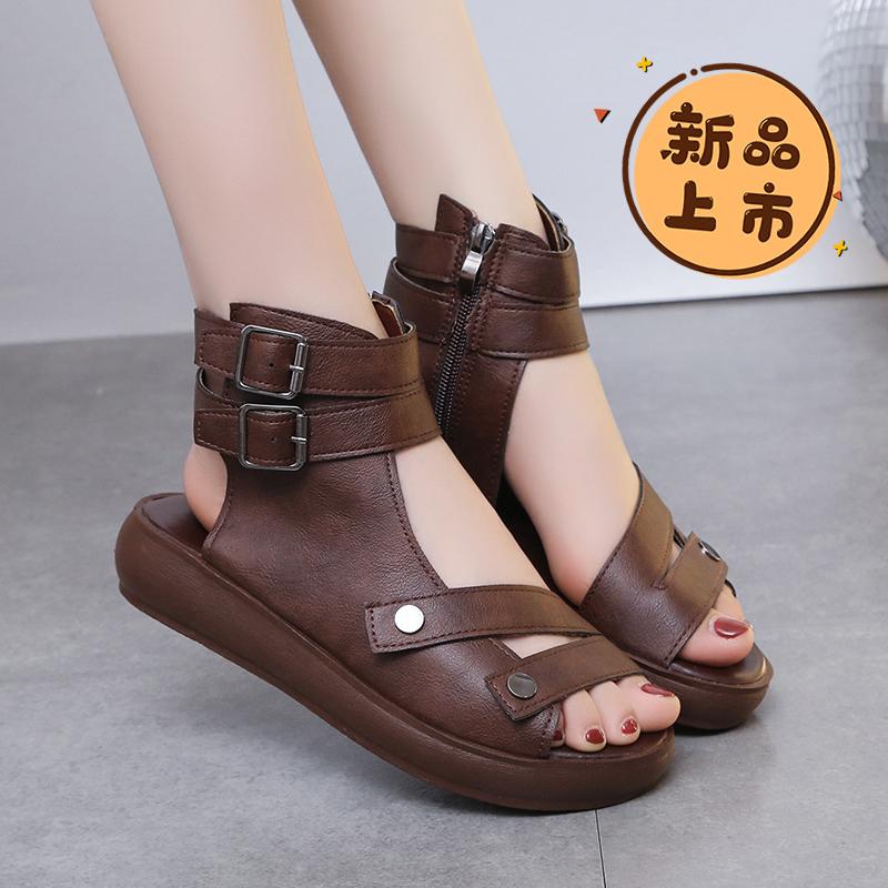 2025新款软皮时尚凉鞋夏季外穿休闲百搭女士坡跟凉鞋罗马厚底鞋女