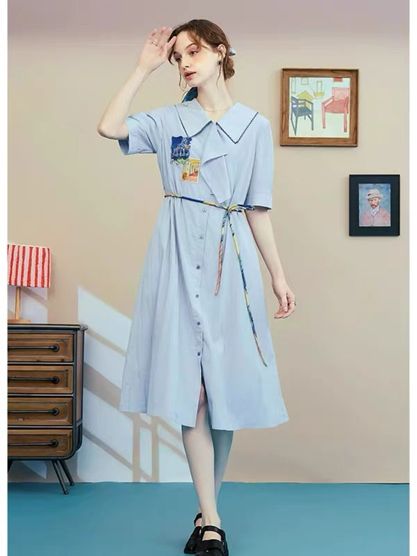 梵高设计感衬衫裙夏季新款蓝色短袖连衣裙印花长裙美学涟漪梵高