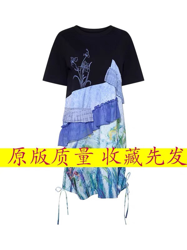 短袖连衣裙女2025夏新款不规则小众印花刺绣t恤裙设计感梵高油画
