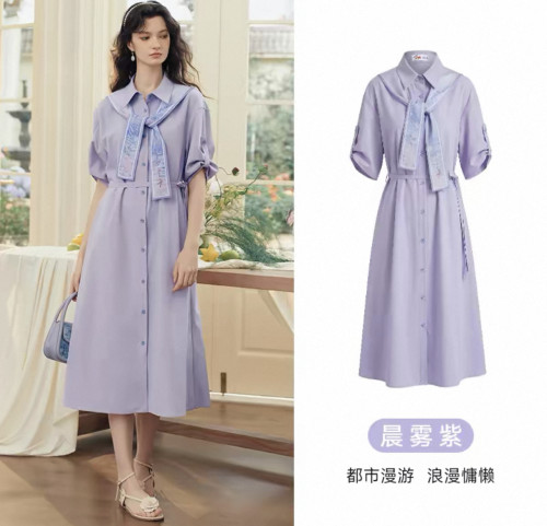 温柔艺术生复古油画丝巾拼接紫色衬衫裙女夏季新款收腰显瘦连衣裙