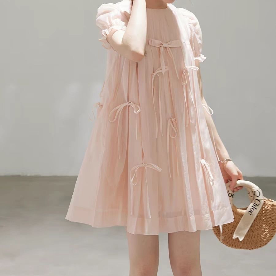 甜美风温柔可爱粉色软妹蝴蝶结少女学生夏季公主裙显瘦宽松娃娃裙