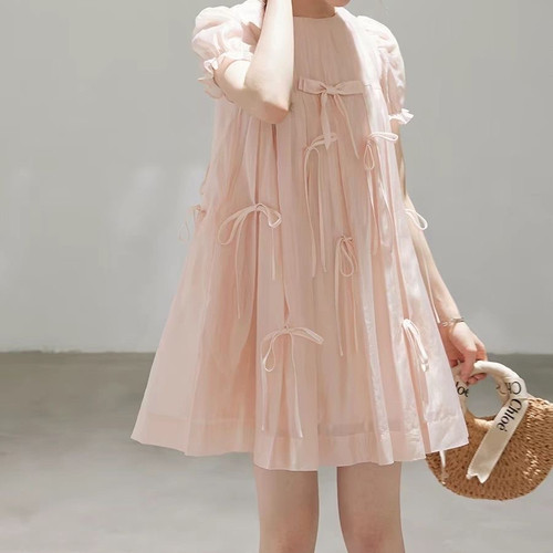 甜美风温柔可爱粉色软妹蝴蝶结少女学生夏季公主裙显瘦宽松娃娃裙