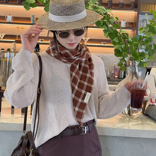 红棕色格子丝巾三角巾系脖领巾薄款围巾护颈小围脖女2025新款春秋