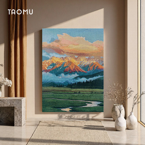 TaoMu 日照金山挂毯装饰画油画风山水风景客厅沙发背景墙布艺挂画