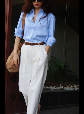 LISAYU2025粉蓝色全棉衬衣白色阔腿裤休闲长裤老钱风职业两件套装