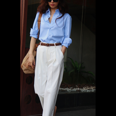 LISAYU2025粉蓝色全棉衬衣白色阔腿裤休闲长裤老钱风职业两件套装