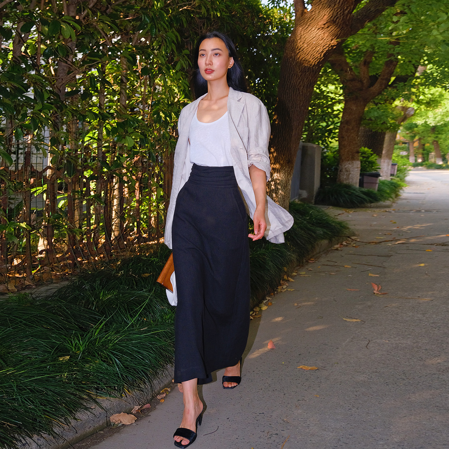 LISAYU原创棉麻衬衣卡其亚麻西装吊带背心亚麻黑色半身裙三件套装