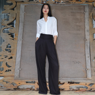 LISAYU原创白色中式立领男朋友衬衫高腰亚麻棉阔腿直筒长裤两件套