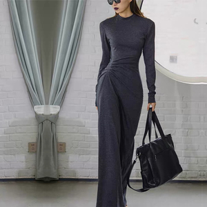 全棉针织新款休闲显瘦修身弹力超长T恤裙气质轻熟紧身长袖连衣裙