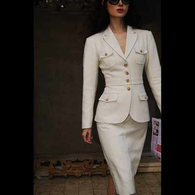 LISAYU复古白色花呢西装套裙老钱风职业装英伦羊毛呢半身裙两件套