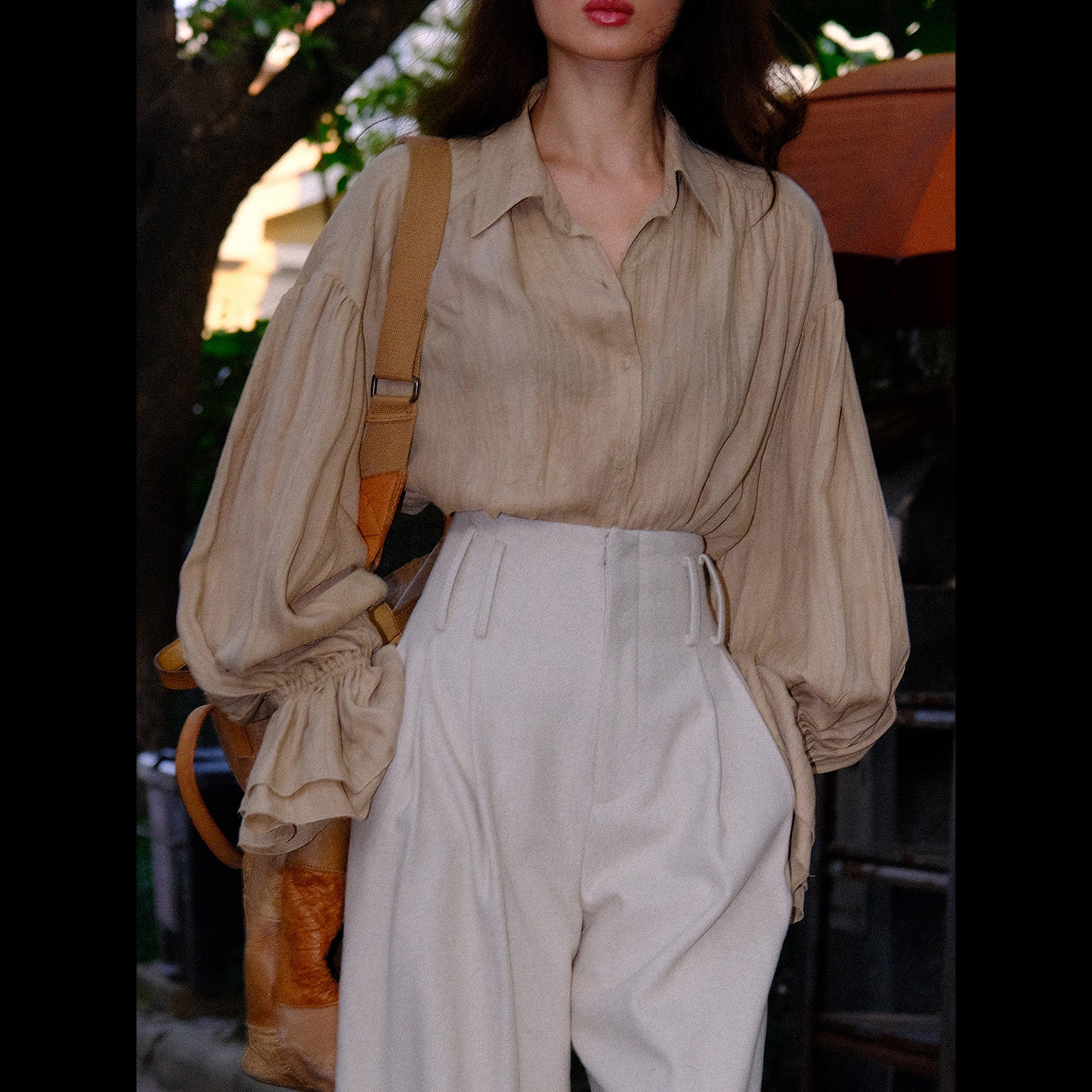 LISAYU法式复古宫廷衬衫大袖子泡泡袖羊毛阔腿裤毛呢长裤两件套装